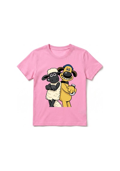 Urbantrendstore Koyun Shaunn Bitzer Baskılı Unisex Kız Çocuk Erkek Çocuk Bisiklet Yuvarlak Yaka Basic Kısa Kollu %100 Pamuk Tişört Pembe