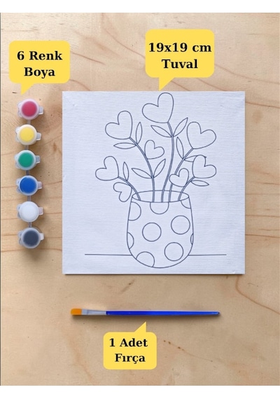 Çocuklara Özel Saksıda Çiçek Baskılı Tuval Boyama Aktivite Seti 19x19 Cm Tuval, Fırça Ve 6 Renk Akrilik Boya Seti