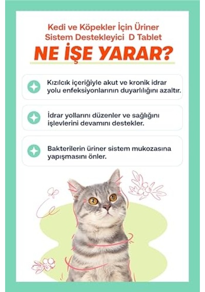 Urinary+d Tablet Kedi Ve Köpekler İçin İdrar Yolu Düzenleyen Bağışıklık Sistemi Güçlendirici Tablet