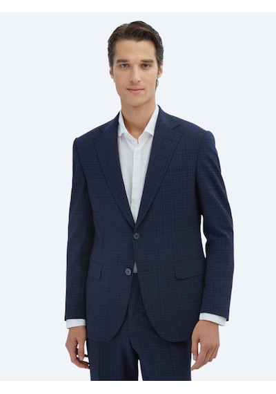 Kip Lacivert Kareli Modern Fit Yün Karışımlı Takım Elbise Lacivert