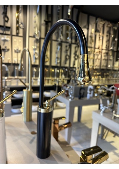 İsaoğlu Yapı Çanak Lavabo Bataryası Gold Siyah Lavabo Musluğu Drop Design Gold Lavabo Armatür Gold