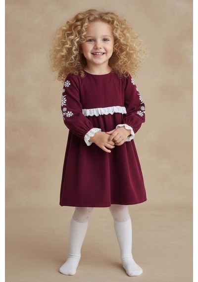 Mnk Baby & Kids Fisto Detaylı Kollar Nakışlı Otantik Kız Çocuk Elbise M00795 Bordo
