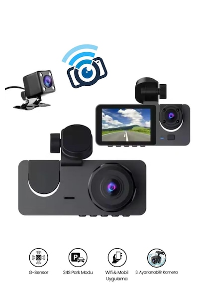 Araç İçi Kayıt Cihazı Ön + İç + Arka Kamera Geniş Açı Ve Hd Görüntü Mobil Uygulama Destekli