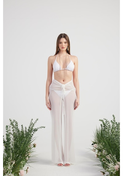 Holly Lolly Beli İp Detaylı Tül Pareo Shirred Pantolon Beyaz