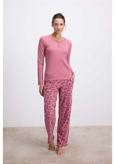Findit Uzun Kollu T-shirt Ve Desenli Pantolon Pijama Takımı Gülkurusu