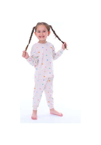 Zuzunga Renkli Kelebekler Kız Çocuk Pijama Takımı Bej