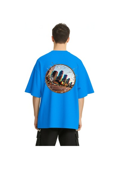 Nevermind Unisex Oversize Tişört Ön Yazı Ve Arka Şehir Manzaralı Kırık Ca Mavi