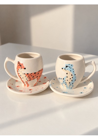 Leopar Desenli İki Kişilik Türk Kahvesi Takımı Beyaz - Krem
