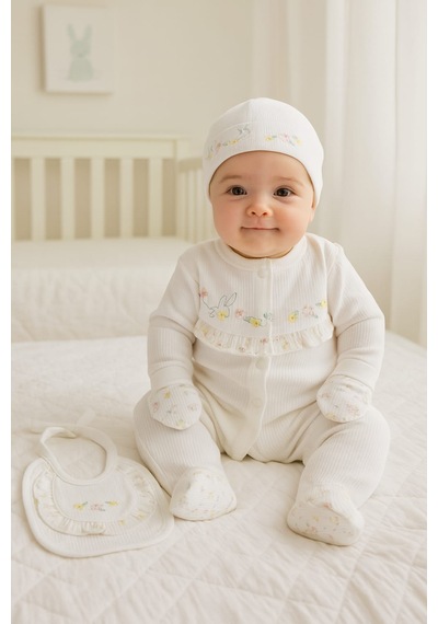 Milays 0-3 Ay Gaye Kız Bebek Renkli Çiçek Nakışlı %100 Pamuk 5li Set ekru