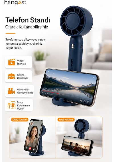 Mini El Fanı Telefon Tutuculu Şarjlı Usb Type-c Taşınabilir Masaüstü El Vantilatörü 3 Kademeli Sessiz Soğutucu Standlı Mavi