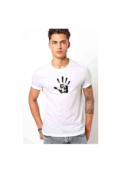 Kurukafa El Baskılı Beyaz Erkek Tshirt