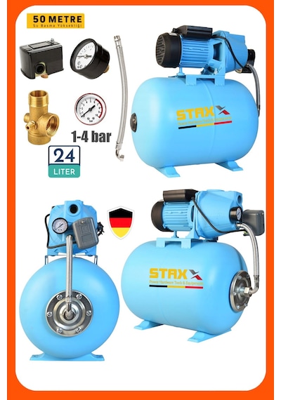 Staxx Stx1590 Yüksek Basınçlı 1.5 Hp Jet Su Pompası 24 Litre Yatay Küre Tanklı Otomatik Hidroforset