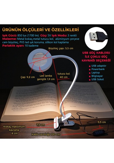 Upway 5x Cam Büyüteçli Led Masa Lambası - 3 Renk Modlu Tamir Ve Hobi Lambası Beyaz