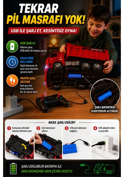 Şarjlı Uzaktan Kumandalı Rc Damperli Kamyon Büyük Boy Işıklı İnşaat Oyuncağı