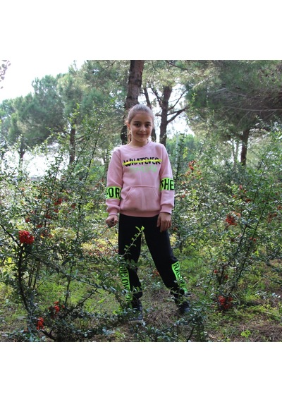 Milenawear by Milena Baskılı Bisiklet Yaka Kalın Kız Çocuk Alt Üst Takım Pembe Siyah Pembe - Siyah