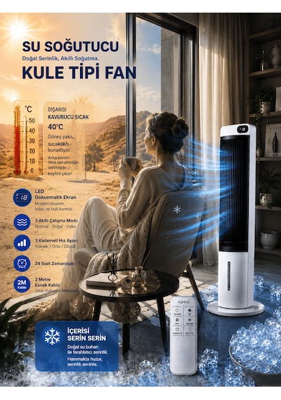 Sessiz Kule Tipi Hava Soğutucu 40 İnç 70w 3l Su Tanklı Led Dokunmatik Ekranlı Vantilatör Fan