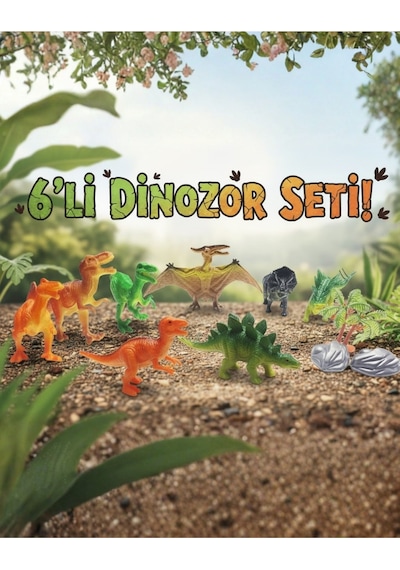 6'lı Gerçekçi Dinozor Figür Seti - Ağaç Ve Kaya Aksesuarlı Eğitici Oyuncak Dinozor Dünyası Hayvanlar