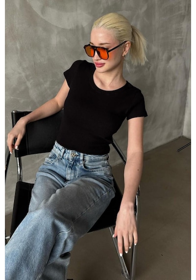 Siyah Geniş Yaka Fittili Basic Kadın T-shirt Mg2293 Siyah