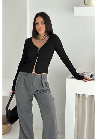 Noa & Noa Kadın Düğme Detaylı Fit Triko Bluz Zarif & Modern Stil Siyah