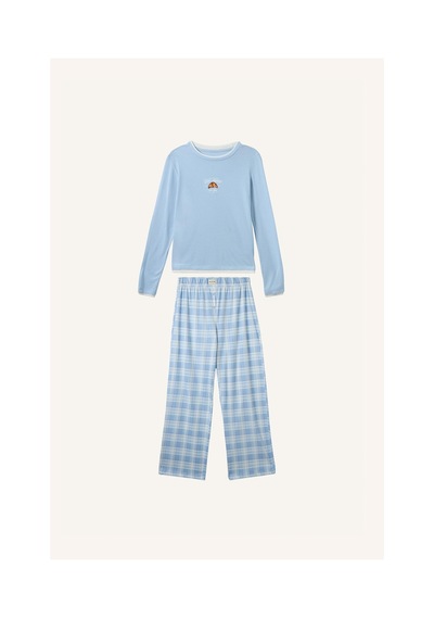 Defacto Slım Fıt Uzun Kollu Baskılı Üst Kareli Alt Ribana Pijama Takımı H8812ax26aube343 Mavi-be343