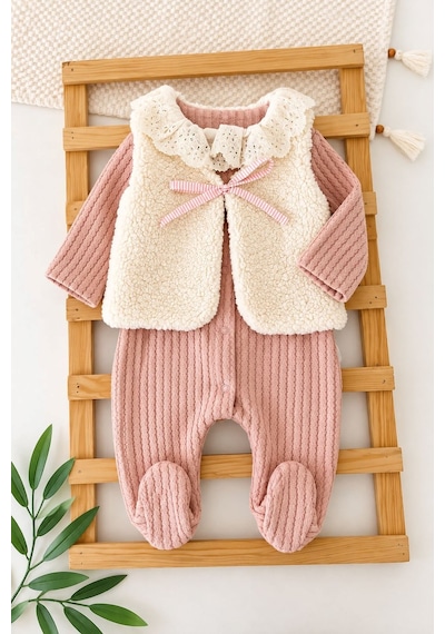 Minigimin Cicileri Dantel Yaka Detaylı Peluş Yelekli Kız Bebek 2 Li Tulum Takım - Pembe