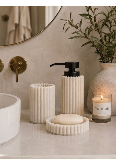 Yş Home - Çizgili Poliserin Banyo Aksesuar Seti 3 Lü Krem Sıvı Sabunluk, Diş Fırçalık Ve Sabunluk Modern Lavabo Dekoru Açık Bej Yş Home - Çizgili Poliserin Banyo Aksesuar Seti 3 Lü Krem Sıvı Sabunluk, Diş Fırçalık Ve Sabunluk Modern Lavabo Dekoru Açık Bej
