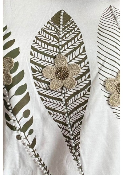Cassime Kadın Siyah %100 Pamuk Regular/normal Kalıp Çiçek Nakışlı Örme T-shirt Beyaz