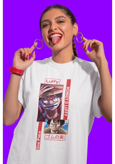 Sevbano Monkey D. Luffy Baskılı Unisex Oversize One Piece Anime Karakter Beyaz