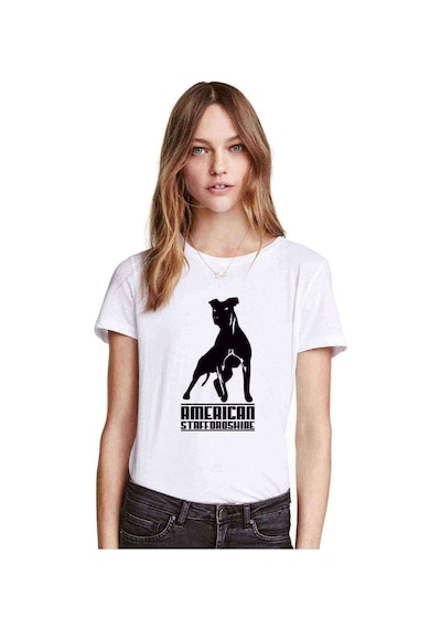Dog American Staff Baskılı Beyaz Kadın Tshirt