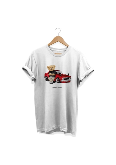 Araba Baskılı Beyaz T-shirt Beyaz