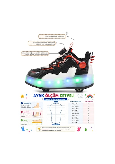 Erkek Çocuk Siyah Kırmızı Şarjlı Işıklı Akıllı Bağcıklı Tekerlekli Paten Ayakkabı Yung Siyah - Kırmızı