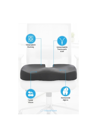 Viscofoam Ortopedik Oturma Minderi Hemeroid Kuyruk Sokumu Coccyx Oturma Minderi Visco Minder Gri