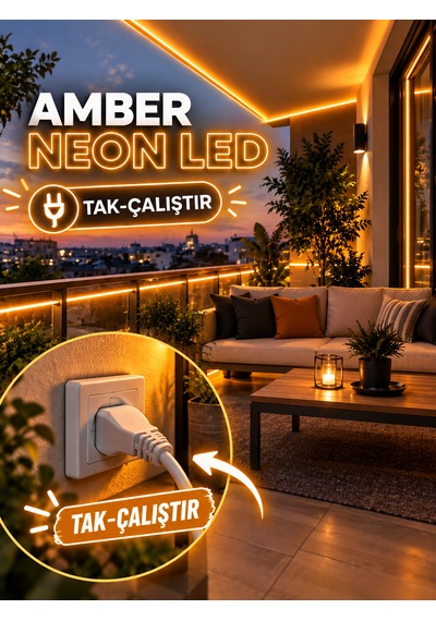 Orsan 10 Metre Amber Renk Tak Çalıştır Ultra Parlak Ultra Esnek Yüksek Performanslı Borsan 220v Neon Led Amber Montaj Aparatı Dahil