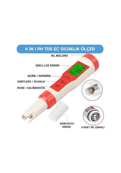 Dijital Ph Ölçer 4'ü 1 Arada Ph Tds Ec Sıcaklık Test Cihazı Işıklı Led Ekran