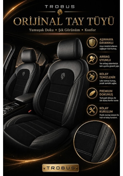 Renault R9 Broadway 1990-2000 Uyumlu Lion Serisi Tay Tüyü Siyah Premium Koltuk Kılıfı 70505320