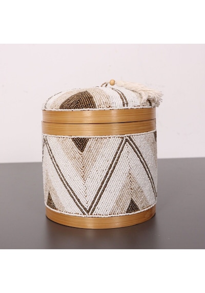 Bali Boncuklu Bambu Saklama Kutusu L 20x23 Cm Beyaz