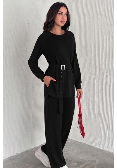 Ded Collectıon Kadın Modal Kumaş Kemer Detaylı Uzun Kollu Tunik Bol Paça Pantolon Takım Siyah Ded Collectıon Kadın Modal Kumaş Kemer Detaylı Uzun Kollu Tunik Bol Paça Pantolon Takım Siyah