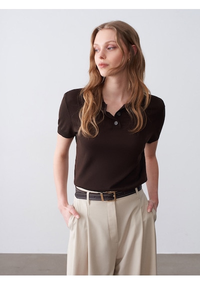 Dilvin 10871 Lyocell Karışımlı Polo Yaka Bluz-koyu Kahve