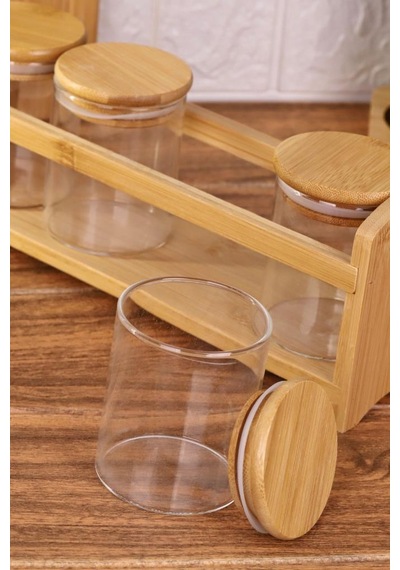 Bambu Silikonlu Kapaklı Borosilikat Cam Standlı Baharatlık - 250 Ml Baharat Takımı 13 Parça Kahverengi - Şeffaf