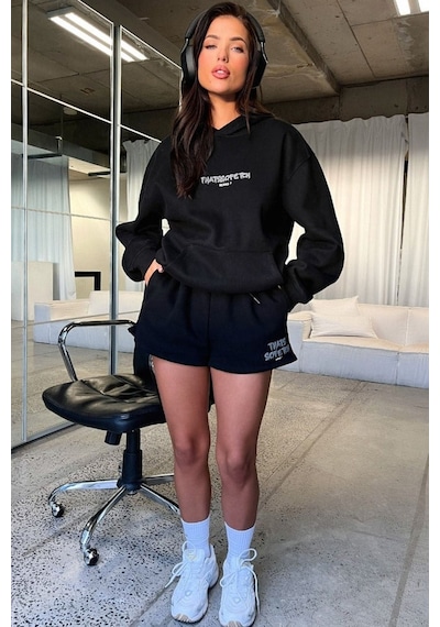 Thatsofetch Series 7 Sweatshirt - Siyah Baskılı Oversize Kapüşonlu Siyah