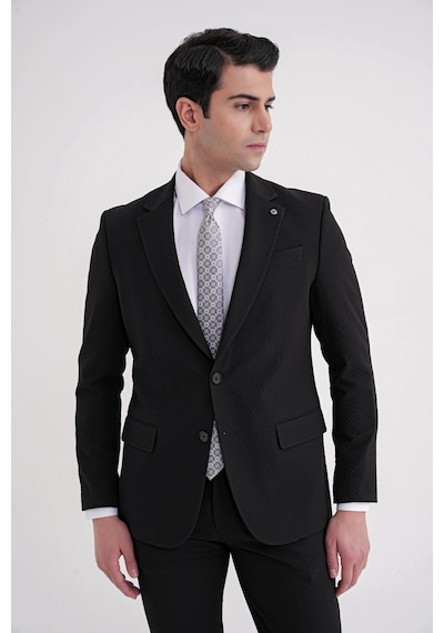 Efor Slim Fit Çift Yırtmaç Gofre Kumaş Esnek Siyah Spor Takım Elbise Tk 940 Siyah