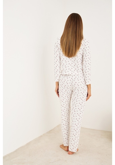 Siyah İnci Waffle Kumaş Örme Pijama Takım 7944 Ekru
