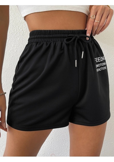 Drawstring Waist Slogan Graphic Track Şort Siyah