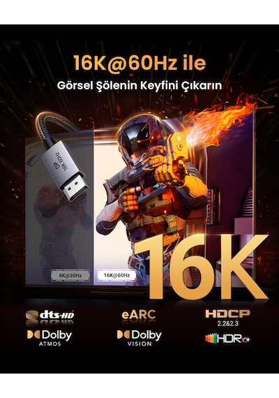 Ugreen Displayport 16k 60hz Male To Male Örgülü Kablo 1m, 55567 -