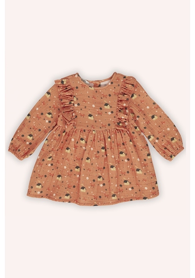 Kız Bebek Fırfır Detaylı Desenli Kiremit Elbise 5981644