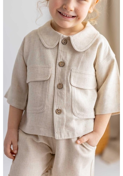 Oliven The Kid Oliventhekid Bej Keten Bebe Yaka Önden Düğmeli Kapaklı Cepli Kısa Kol Kız Çocuk Ceket Bej Bej