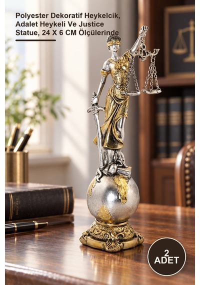 2 Adet Adalet Figürü Polyester Dekoratif Heykelcik, Adalet Heykeli Ve Justice Statue, 24 X 6 Cm Ölçülerinde