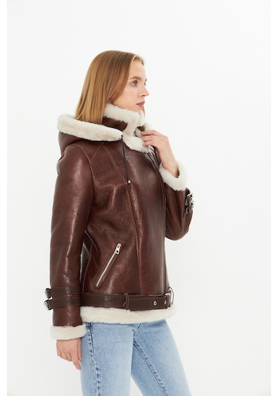 M M Marki Marki Hakiki Deri Kapüşonlu Kadın Kaban - İçi Kürklü, Kemerli - Kahverengi 70 Cm- 103022