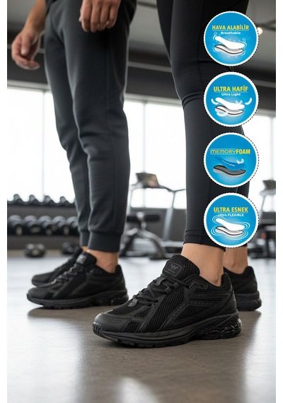 Walkway Siyah Fileli Hafif Esnek Hafızalı Taban Unisex Spor Ayakkabı Ruth G Siyah