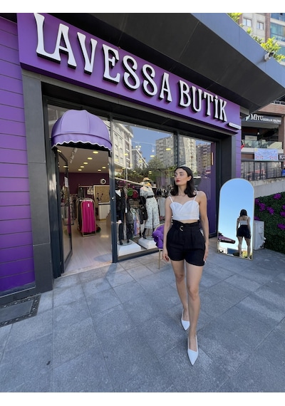 Yüksek Bel Kuşaklı Şort-siyah -138 Siyah
